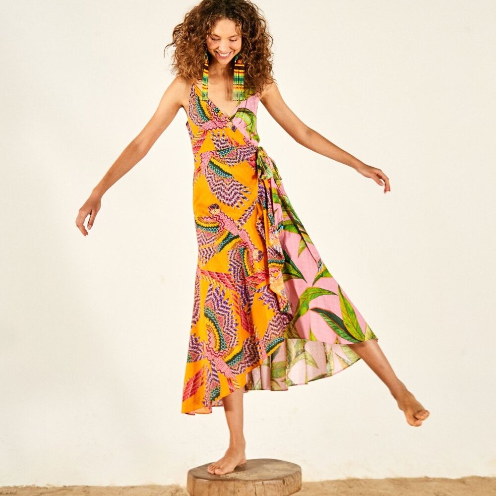 Farm Rio Mixed Print Pink Beaded Macaw  Wrap Dress